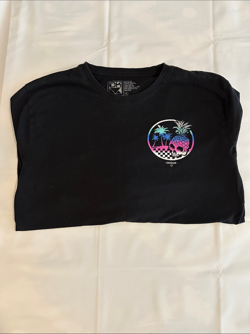 Salvage Black Long-Sleeve Tee with Neon Gradient Palm & Checker Sleeve